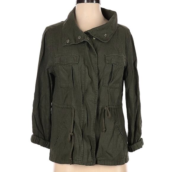 XS Old Navy linen blend utility cargo jacket, 4 pockets olive green high collar - Picture 3 of 4